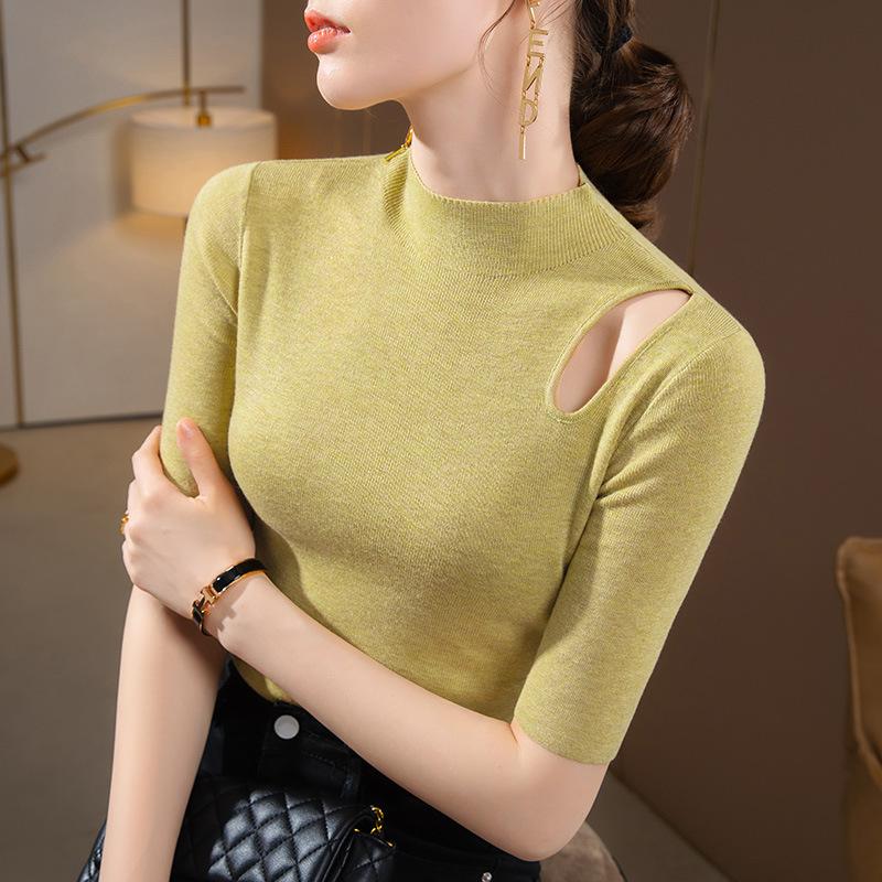 Женская вязаная базовая рубашка с полувысоким воротником, новинка женской одежды, сексуальный ажурный свитер со средним рукавом, тонкий внутренний топ
