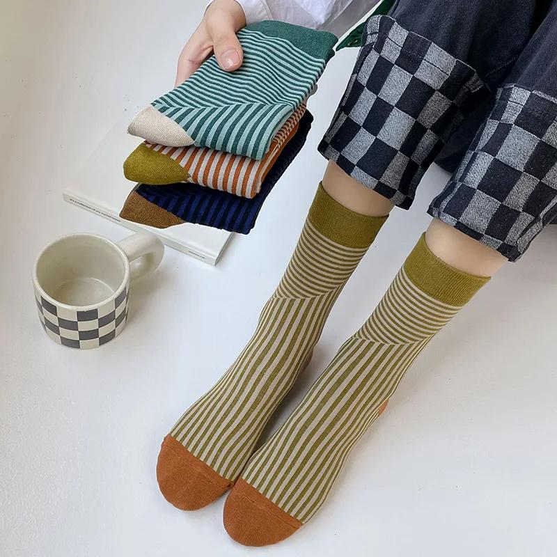 Multicolors Striped Woman Socks Korean Fashion Retro Socks Women Casual Harajuku Cotton Girls Students Crew Socks College Styles