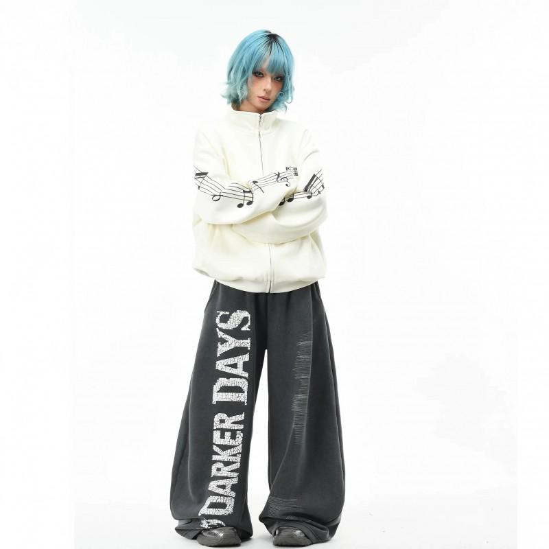 Unisex Rock Style Embroidered Short Jacket With Music Notes Loose Fit Stand Collar Zipper Casual Outerwear