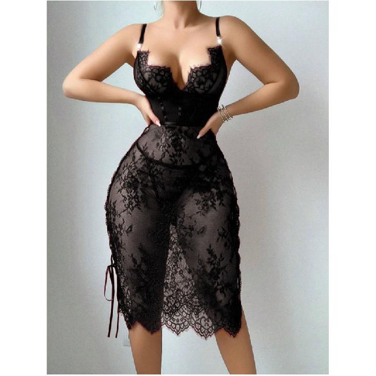 Exotic Sets Floral Lace Lingerie Midi Dress Rhinestone Spaghetti Strap Side Drawstring High Slit Valentine Sleepwear