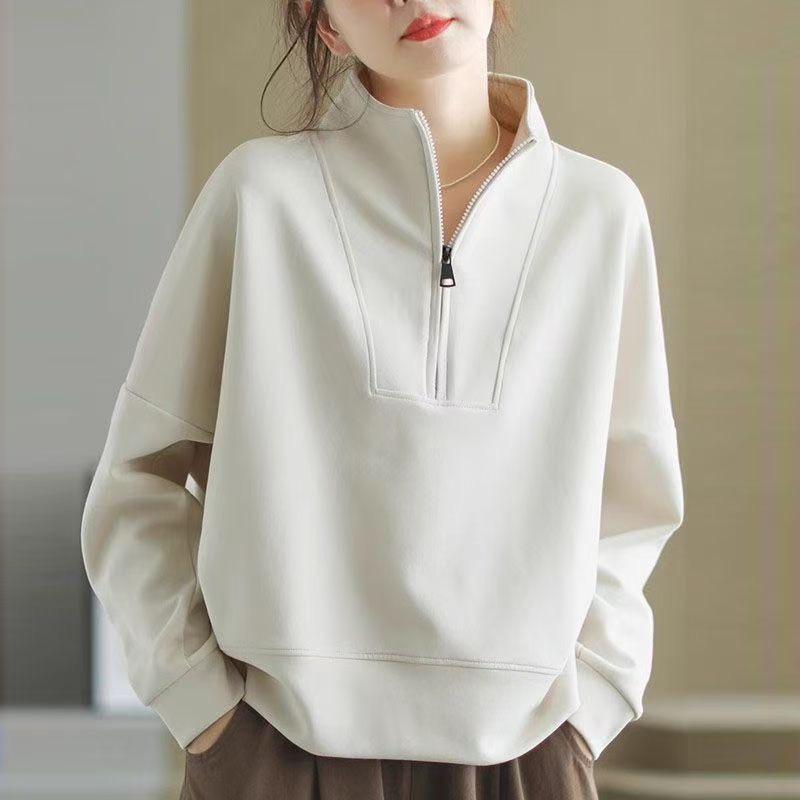 Women's Casual Loose Fit Plus Size Half-Zip Stand-Up Collar Sweatshirt - Long Sleeve Spring/Autumn Fashion Pullover Top