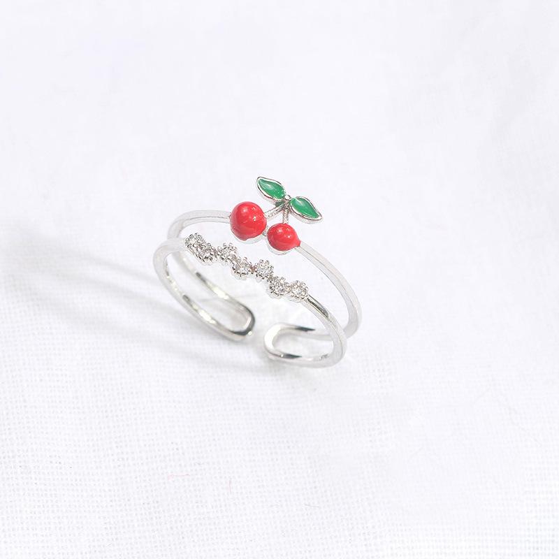 Color Retention Sweet And Cute Dripping Cherry Ring, Simple Double-Layer Micro-Inlaid Zircon Adjustable Ring
