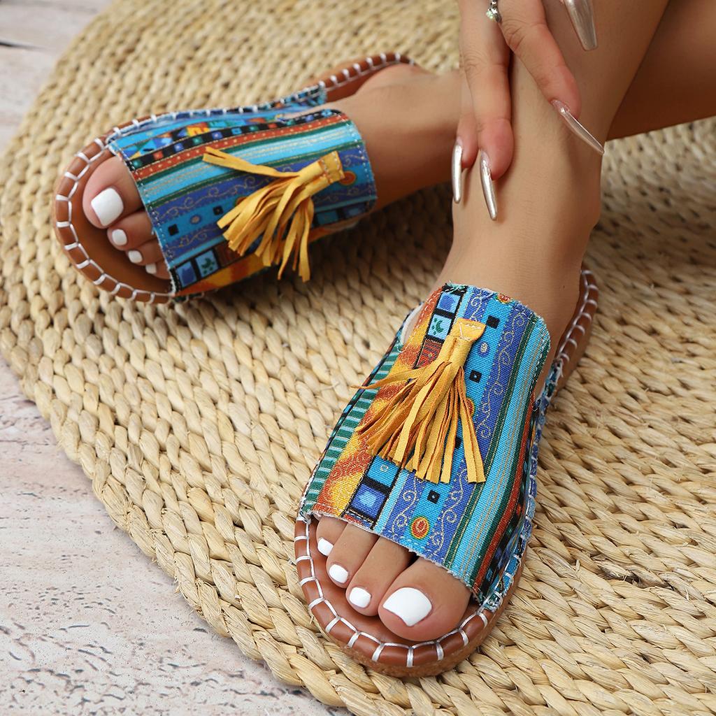 Fashion Women Ethnic Style Slippers Summer Round Head Large Size Sandals Casual Beach Non-slip Slippers Lightweight Shoes Slides Women