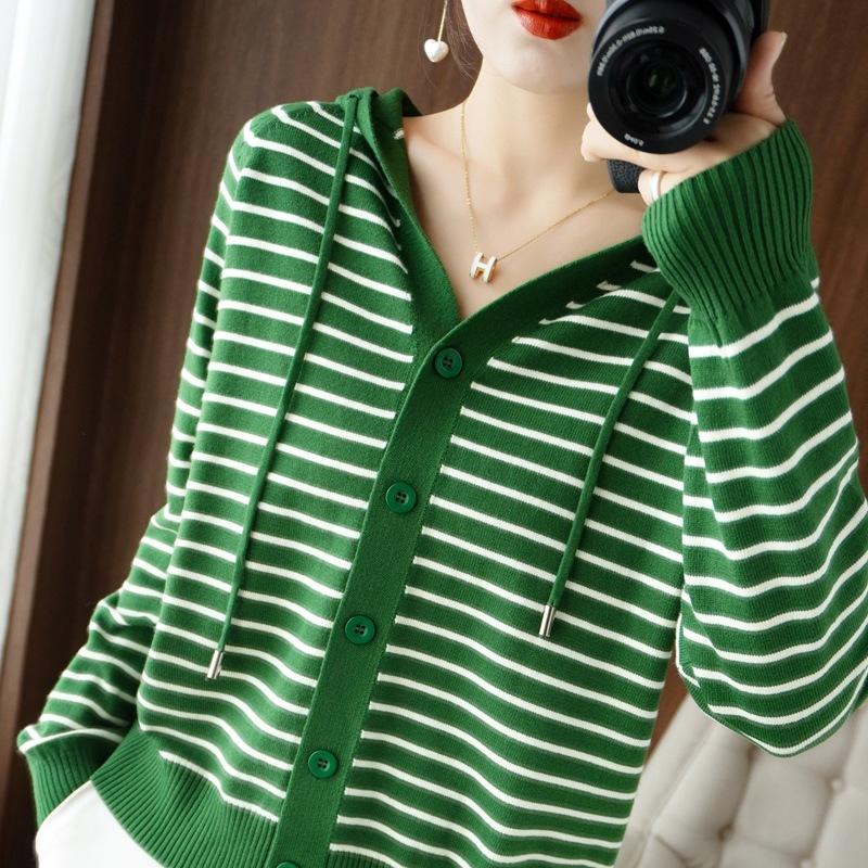 Вязаный свитер с капюшоном осень новый полосатый кардиган с длинным рукавом куртка свободный верхняя одежда женская