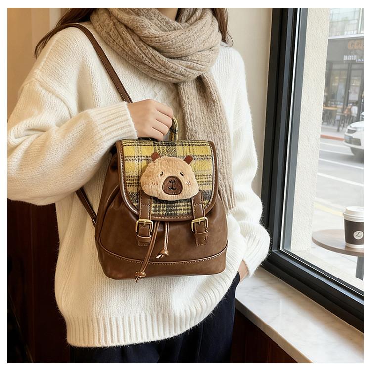 Retro Checkered Womens Backpack Made Of Pu Leather For Street Style And Travel