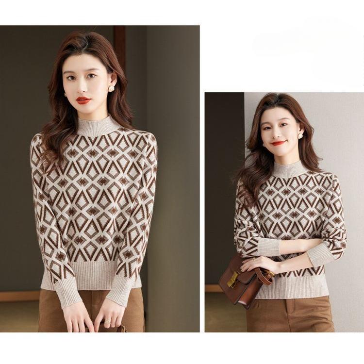 Жаккардовый короткий свитер, женский свободный вязаный свитер, осенне-зимний стильный трикотажный базовый свитер с полувысоким воротом