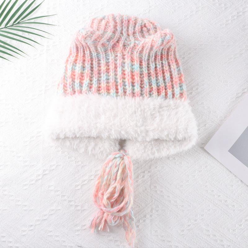 Autumn and Winter Cute Ears Big Head Circumference Colorful Thick Wool Female Warm Face Small Plush Contrasting Color Hat Knitted Hat