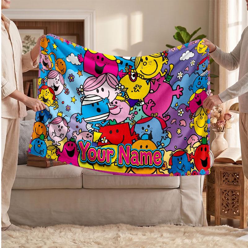 Mr. Men & Little Miss Personalized Flannel Blanket, Custom Printed Text Name, Warm Soft Blanket For Couch Bed