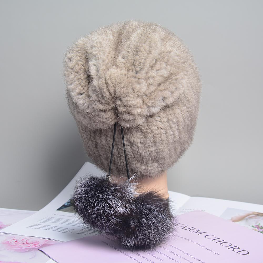 Natural Mink Fur Hat for Women New Winter Warm Hats with Balls Luxury Lady Knitted Stretch Real Mink Fur Christmas Hat