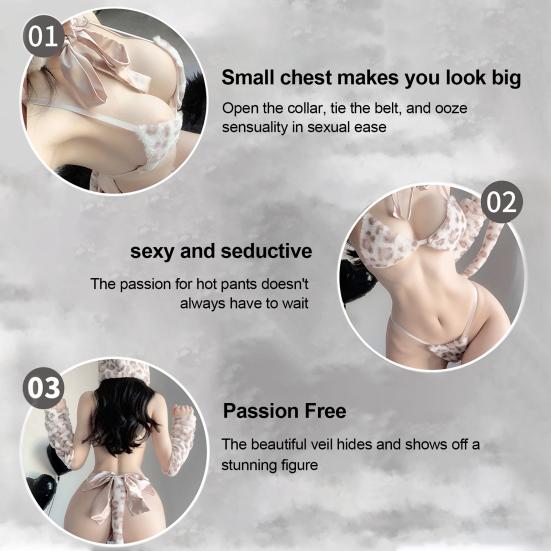 5Pcs/Set Women Sexy Leopard Print Underwear Set Cartoon Ear Hat Sling Bra Lace-up Thong Oversleeve Elastic Thigh Gaiter Set Role Playing Cosplay