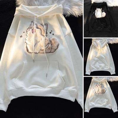 Осень-зима Женская толстовка с капюшоном на эластичных манжетах с завязками, плотная флисовая вышивка с изображением кота, большой размер, накладной карман, свободная