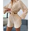 Summer Long Sleeve Two Piece Shirt Set Women Casual Elegant Loose Wide Leg Shorts Fashion Drawstring 2-piece Set Short Pants Simple Outfits 851
