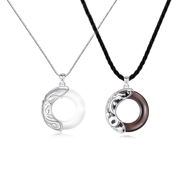 Парное ожерелье «Дракон Феникс» для мужчин и женщин: Пара модных хип-хоп цепочек с подвесками из камня кошачий глаз и обсидиана