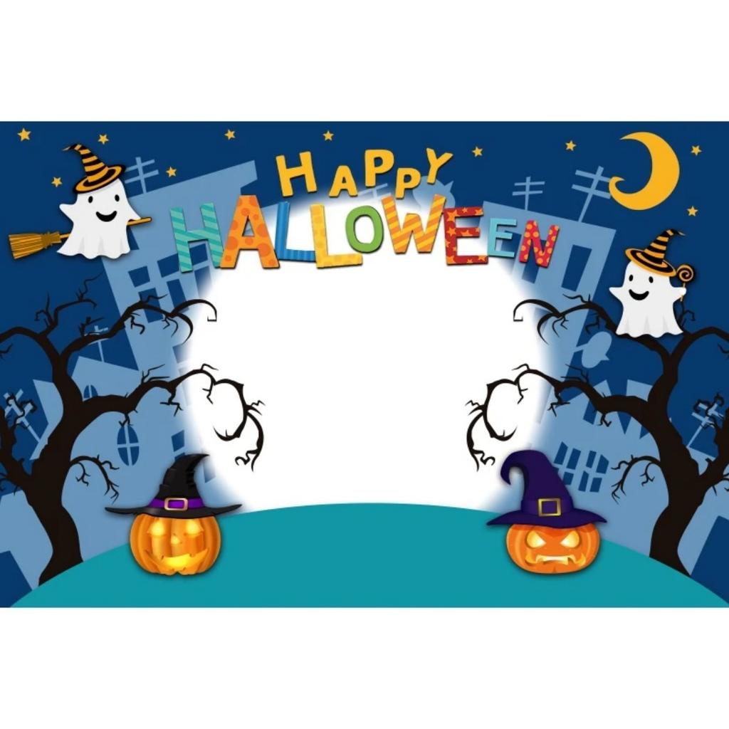 1pc Blue Halloween Party Backdrop with Night Moon Gothic Castle Pumpkin Bats Ghost Banner for Halloween Themed Party Decoration