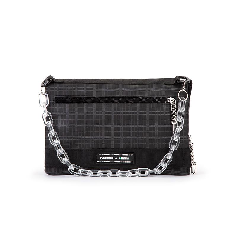 Men Women Chain Single Shoulder Bag Foldable Messenger Bag Chain Casual Plaid Chest Bag Small Crossbody Bag Waterproof Black