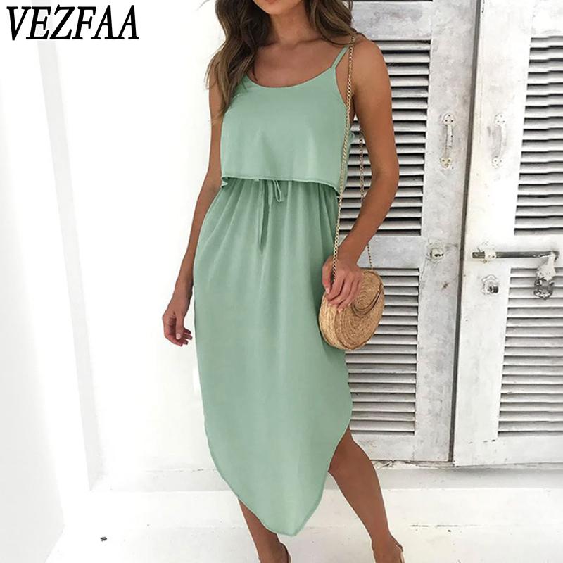 VEZFAA Women's Fashion Summer Spring Solid Color Print Sleeveless Suspenders High Waist Casual Dresses