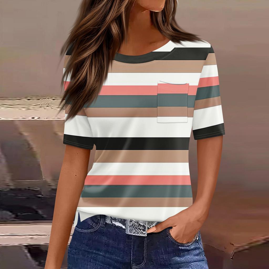 T Shirts For Women Pleated Round Neck Dressy Casual Blouses Printing Short Sleeve Summer Tops Loose Fit