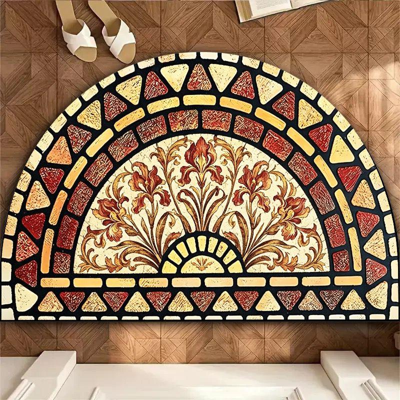 retro colored glass mosaic flower leaf semi-circular door mat, anti slip carpet, artistic floor mat, home decoration