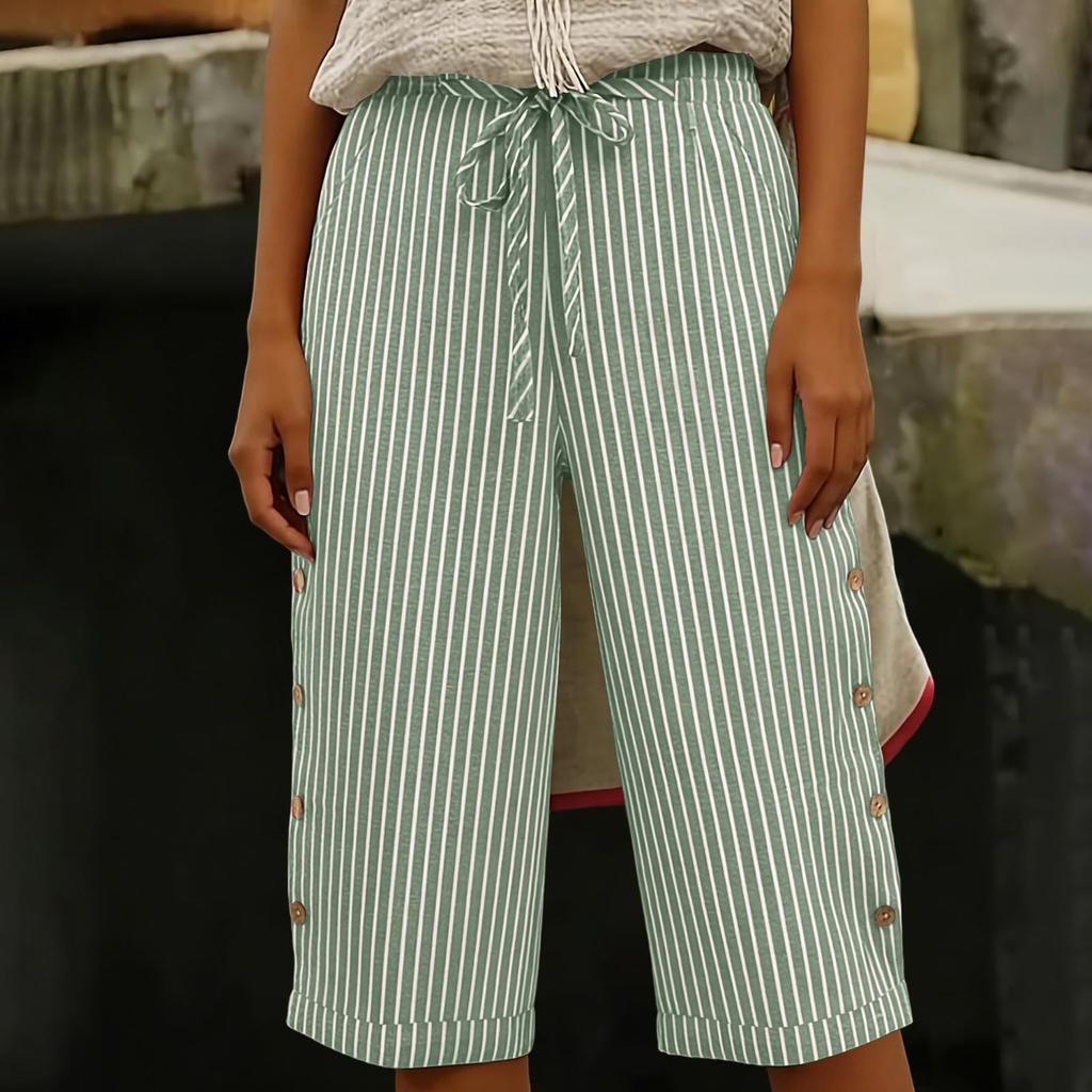 Women's Summer Fashion Striped Elastic Waist Five Quarter Pants Casual Loose Pocket Shorts