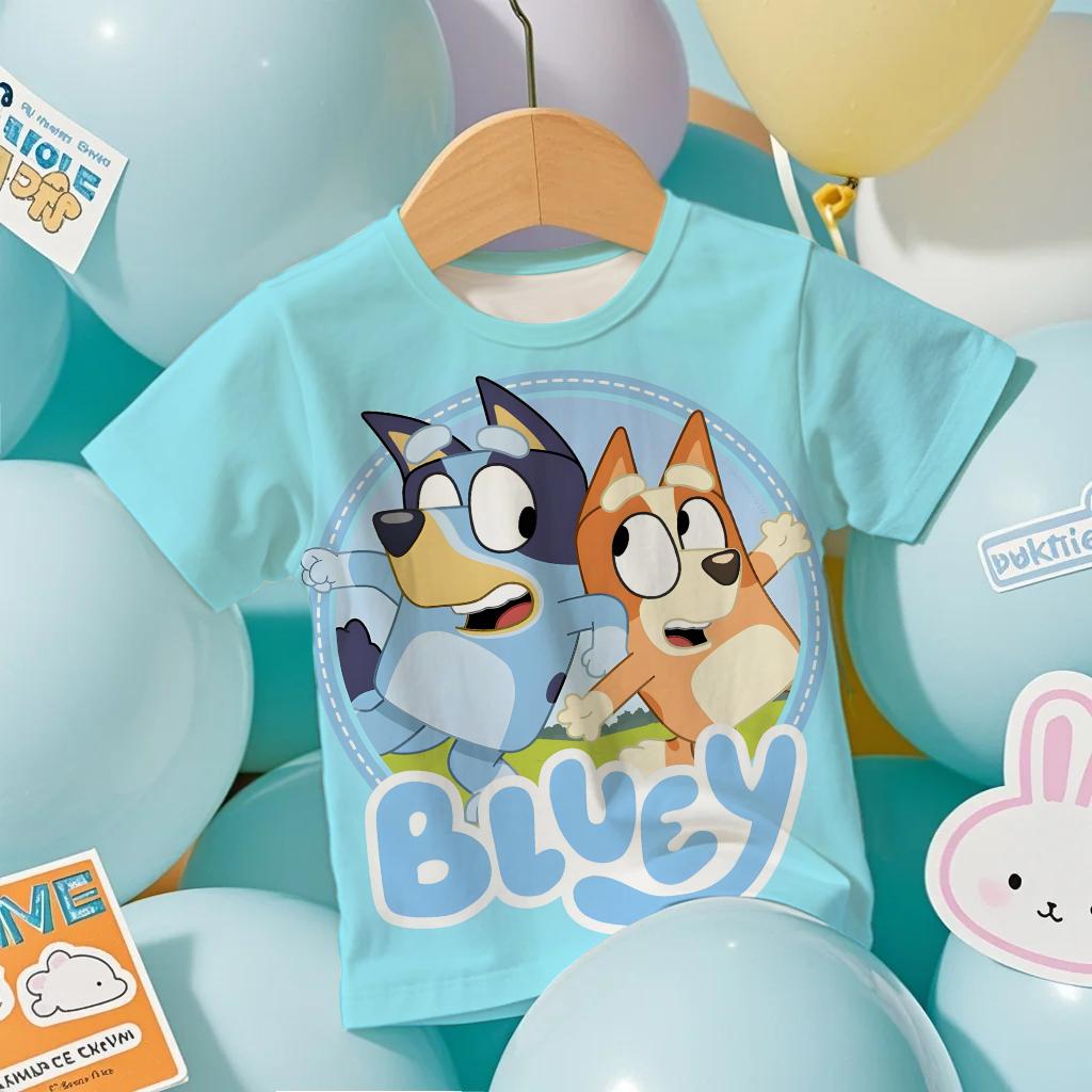 Летняя детская футболка Модная Мультяшная Аниме Bluey Графическая 3D Печать Детская футболка с коротким рукавом Свободная Повседневная Для улицы Мальчики и Девочки Футболки Топы