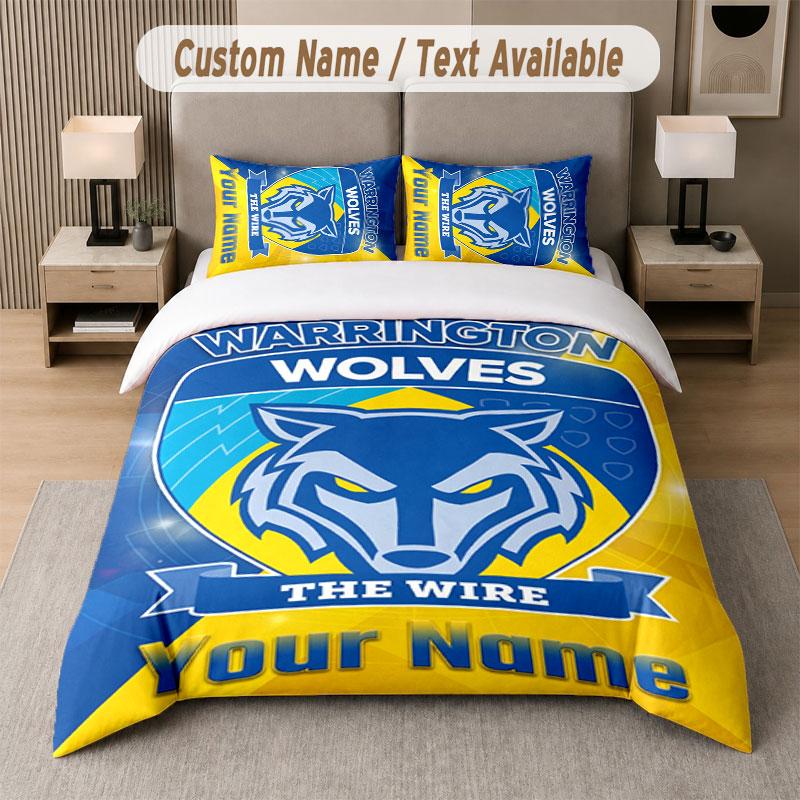 Custom Bedding Set Warrington Wolves FC Pattern, Print Name Text 1 Duvet Cover plus 2 Pillowcases Home Textile