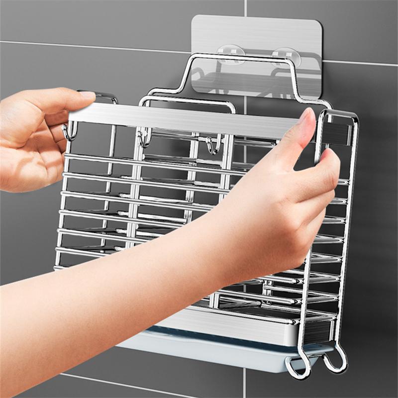 Wall-Mounted Stainless Steel Chopsticks Cage Hollow Drain Cutlery Holder with Hooks Spoon Fork Tableware Rack Kitchen Organizer
