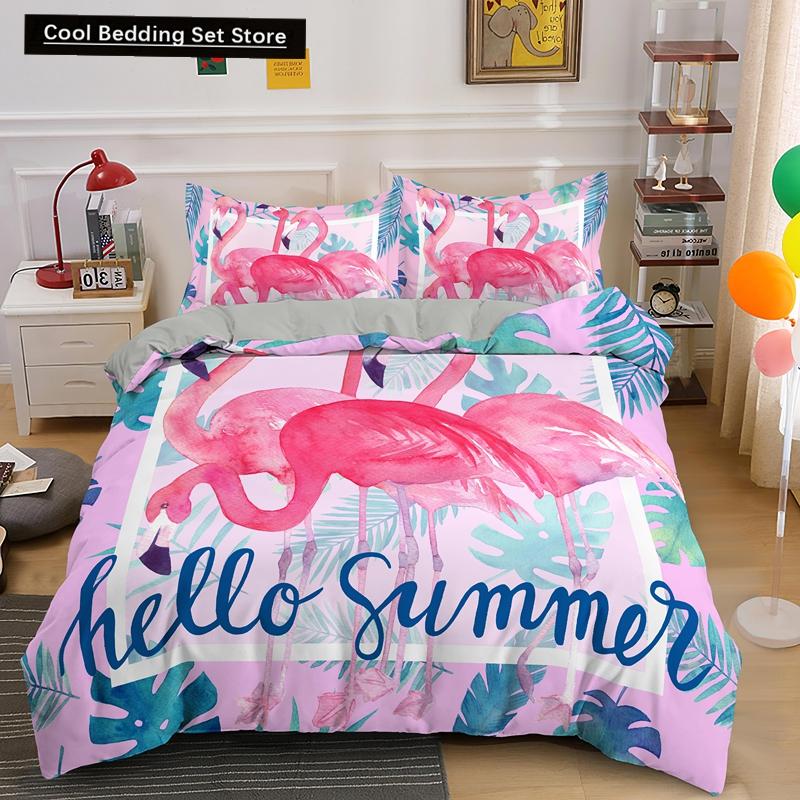 Пододеяльник с изображением животных фламинго King Queen, розовый, с тропическими птицами, комплект постельного белья для детей, подростков, взрослых, синий, мягкий, 2/3 шт., пододеяльник