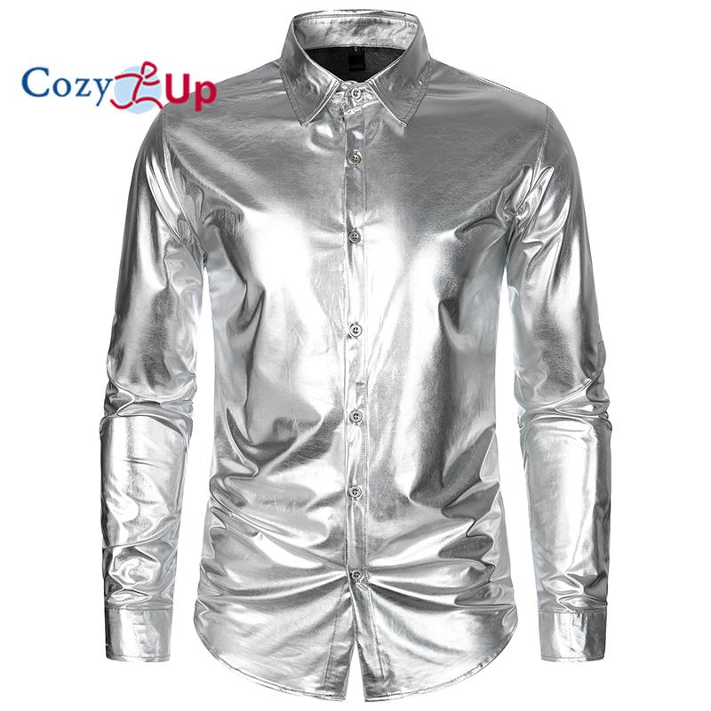 Cozy Up Мужские блестящие приталенные рубашки металлик в стиле диско с длинным рукавом на пуговицах для вечеринок в ночном клубе