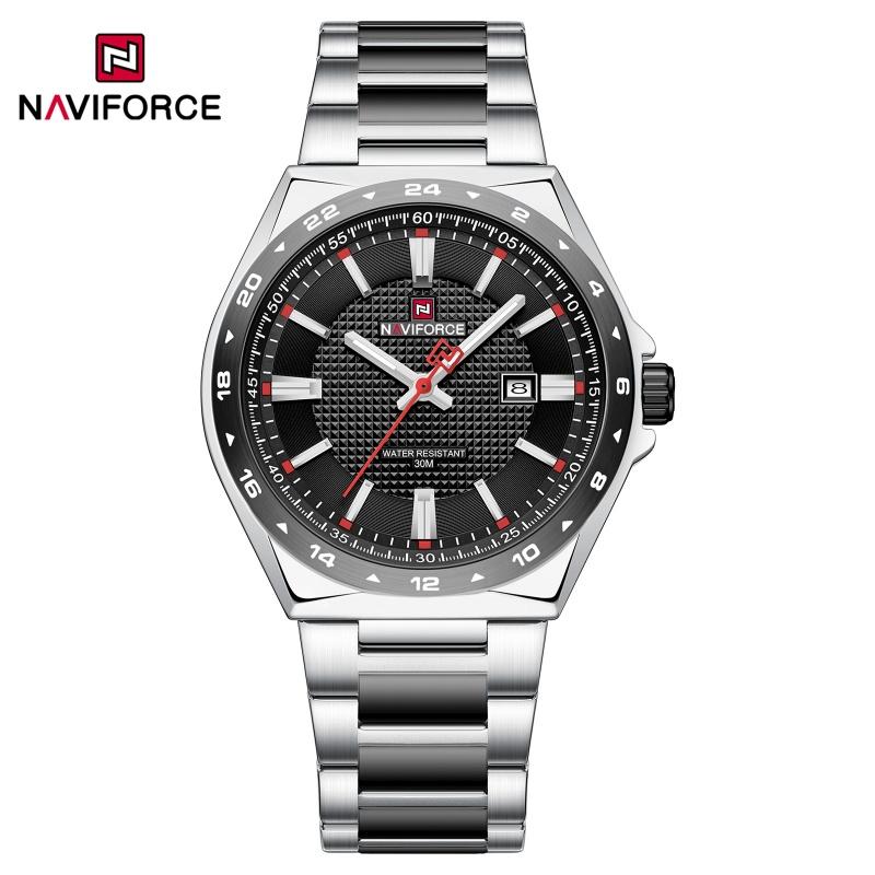 NAVIFORCE Уникальные мужские кварцевые часы Часы Отображение даты Стальной ремешок Водонепроницаемость 3 АТМ Светящаяся стрелка Мужские часы