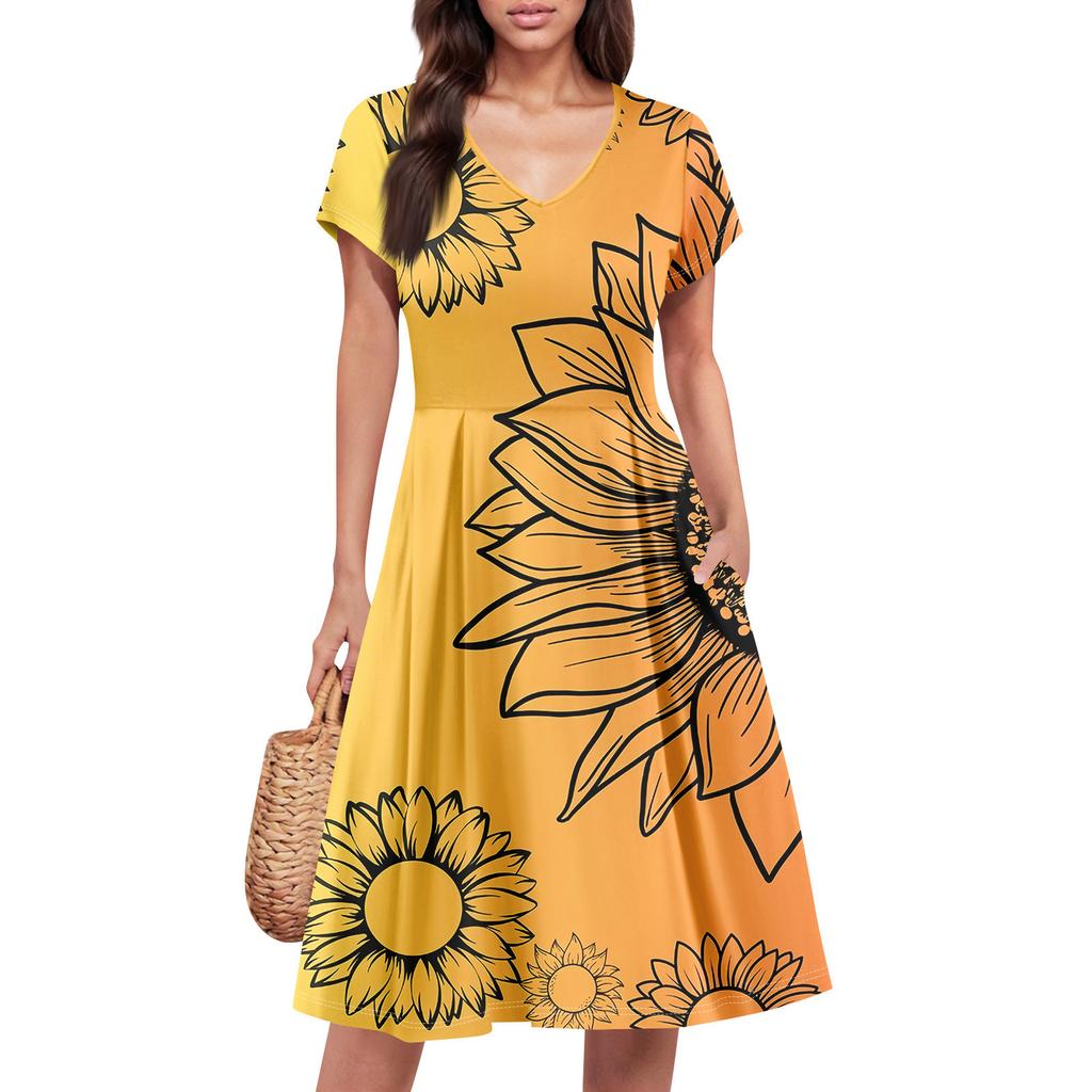 Womens Summer Dress Short Sleeve V Neck Short Dresses Fashion Casual Flowy A Line Swing Sundress With Pocket