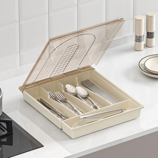 Cutlery Storage Tray with Transparent Lid Classification Compartments Organization Large Capacity Multi Box Tableware Fork Chopsticks Spoon Tableware