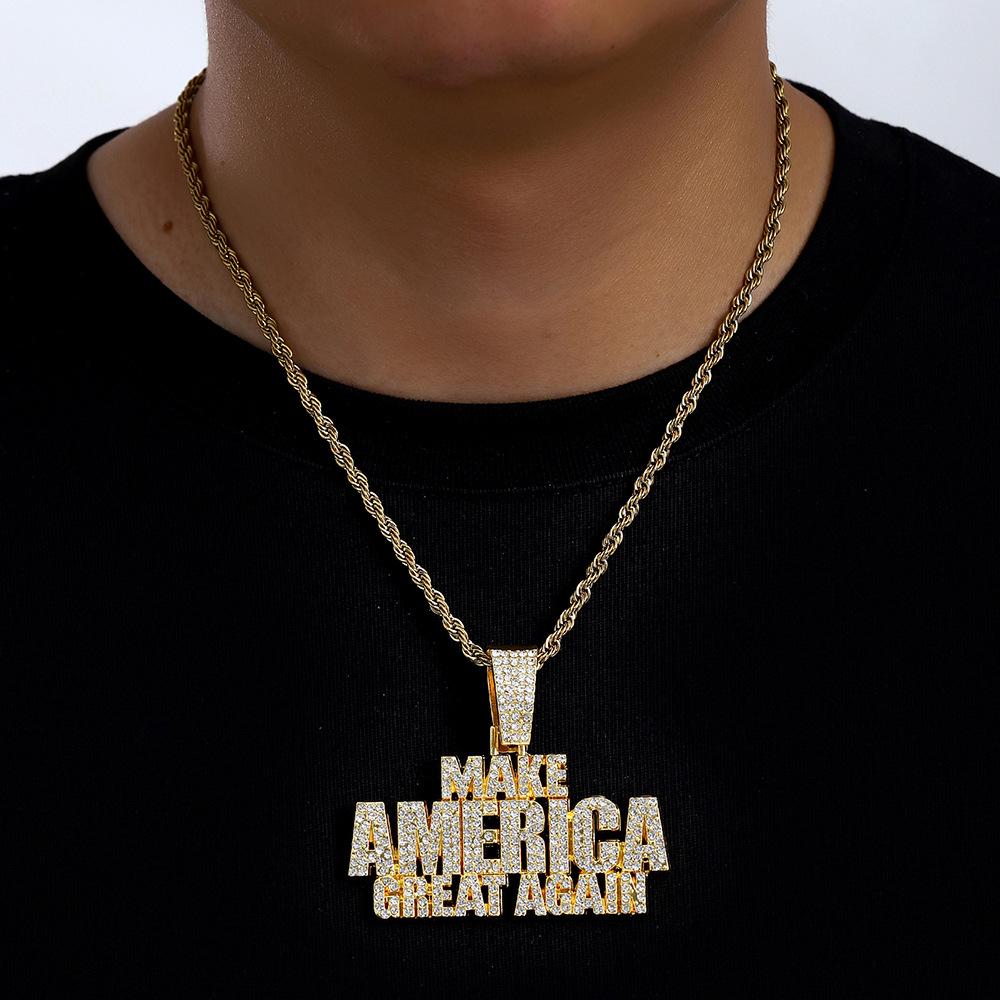Взрывной Кулон-буква из сплава с полным покрытием бриллиантами Make America Create AGAIN Мужское Хип-Хоп Ожерелье