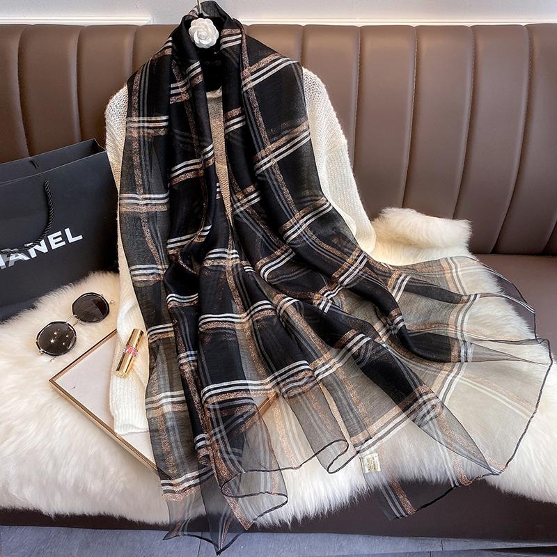 Роскошный шелковый шерстяной шарф женский клетчатый длинный фуляр женский блестящий платок накидка для дам хиджаб весна зима тонкие теплые шарфы