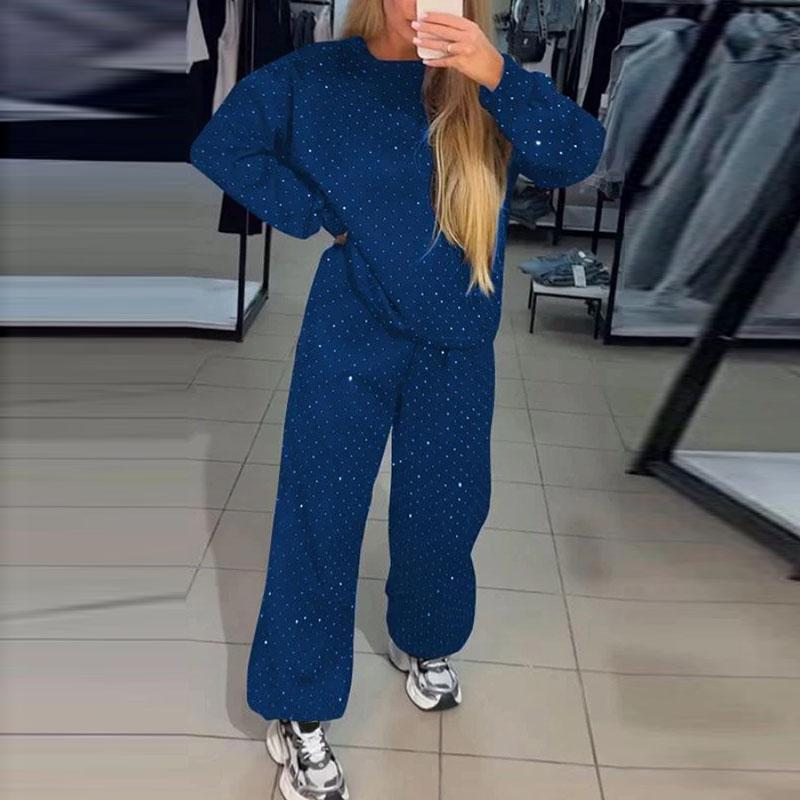 Женская осенне-зимняя одежда для отдыха со стразами, комплект из 2 предметов, свободный свитер с круглым вырезом в стиле ретро, спортивные брюки, завязывающийся на завязках