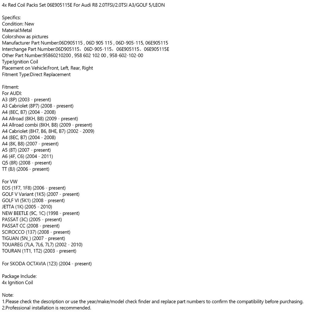 4x комплекта красных катушек 06E905115E для VW GOLF 5/LEON