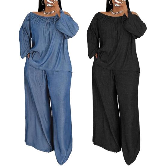 2 Piece Outfit for Women Off Shoulder Long Sleeve Top High Waisted Wide Leg Pants Set Casual Plus Size Going Out Lounge Set