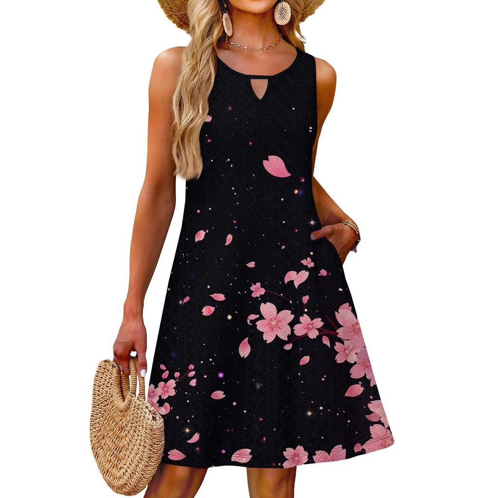 Ladies Fashion Casual Summer Floral Print Dress With Pocket Beach Holiday Vest Dress