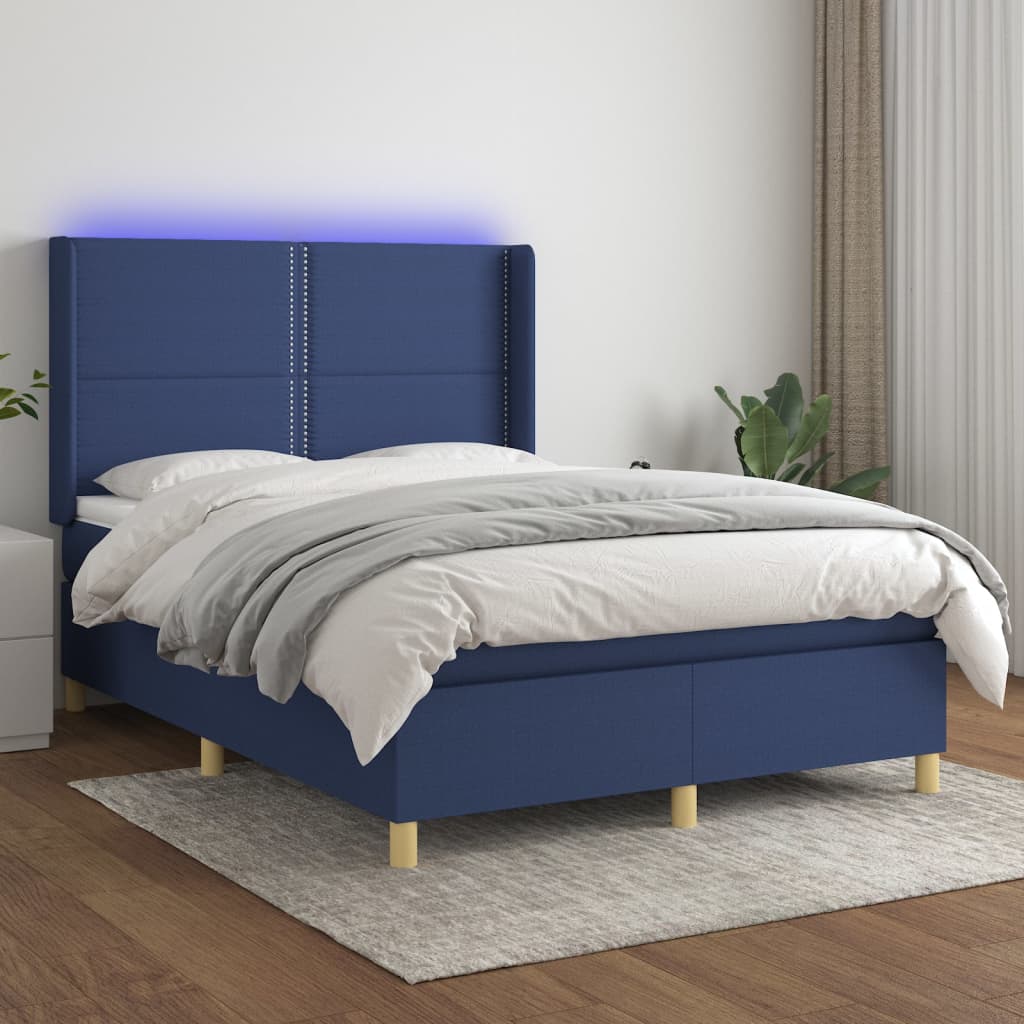 Box Spring Bed with Mattress & Blue LED 140x190 cm Fabric