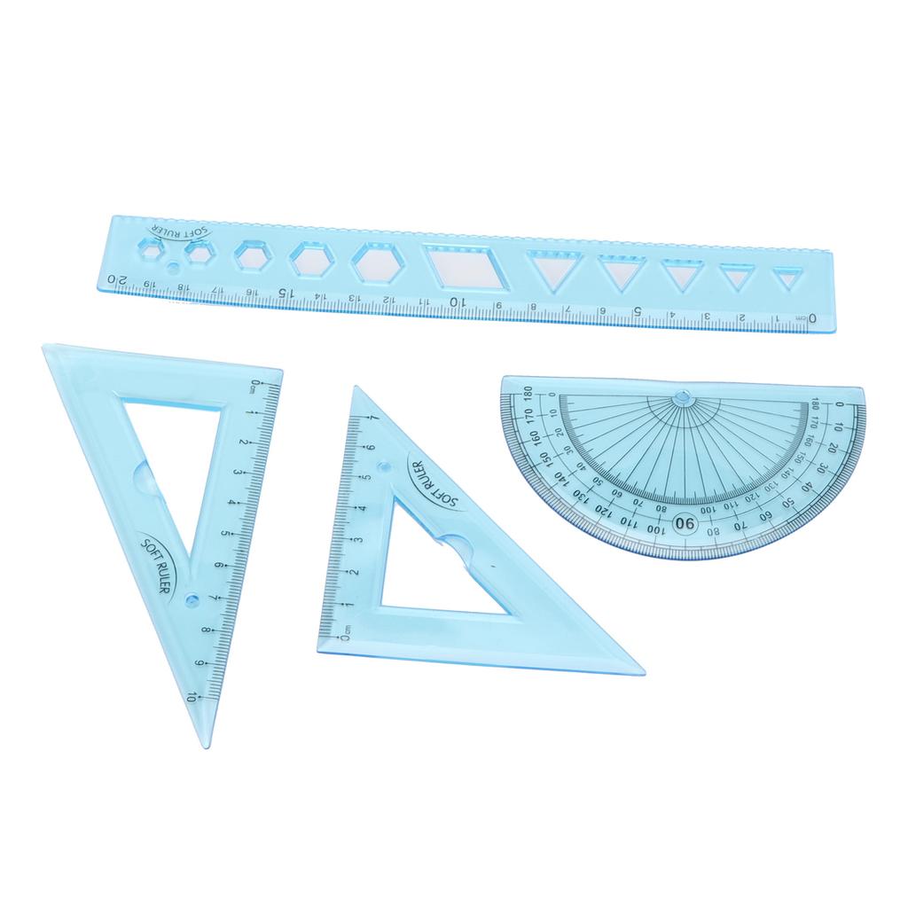 Набор линеек из четырех частей, мягкий пластик, прозрачный синий, инструменты для измерения длины угла с волнистой линией для Ki