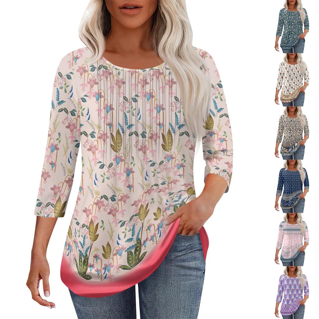 Women's Fashionable Casual Pleated Round Neck Casual Floral Print Seven Quarter Sleeved T-shirt Top