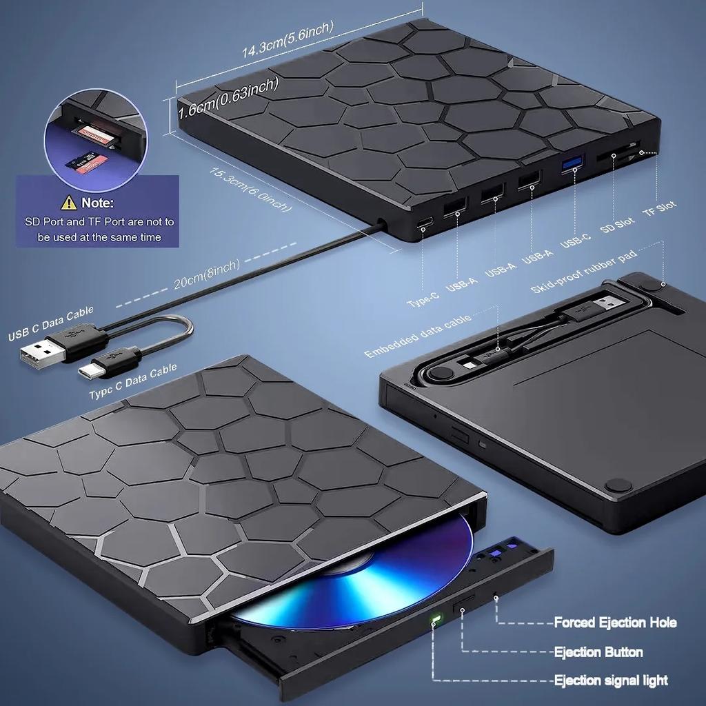 Внешний DVD-привод 7 в 1 с USB3.0 и Type C DVD-резак Привод оптических дисков Рекордер CD/DVD-плеер CD-писатель для ноутбука Настольного компьютера