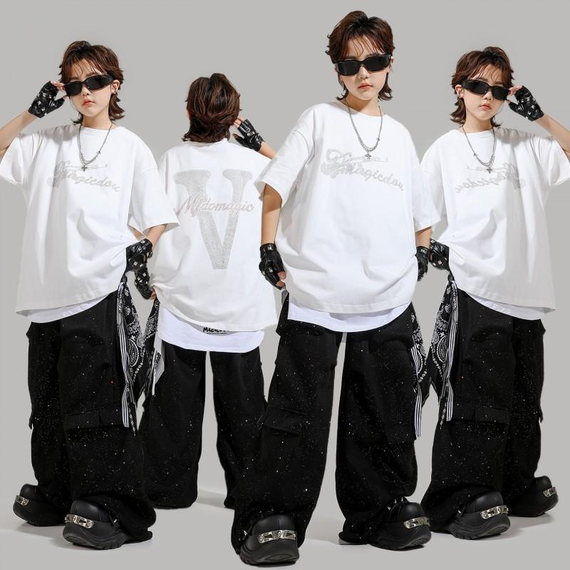 Kids Hip Hop Dance Outfit Set Boys Girls Streetwear Performance Costume Short Sleeve Cotton