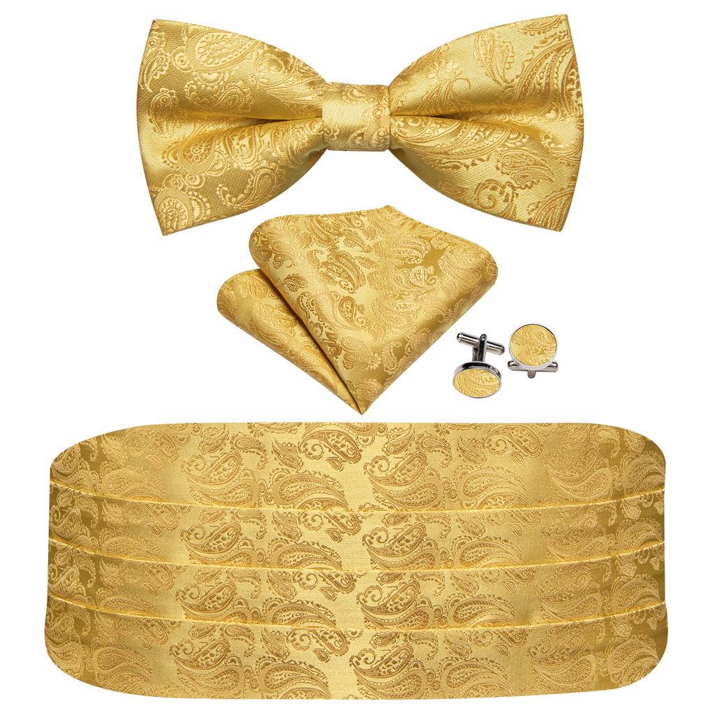 Barry.Wang Mens Cummerbund Belt and Bowtie Set Silk Pre Bow Tie Hanky Cufflink Set