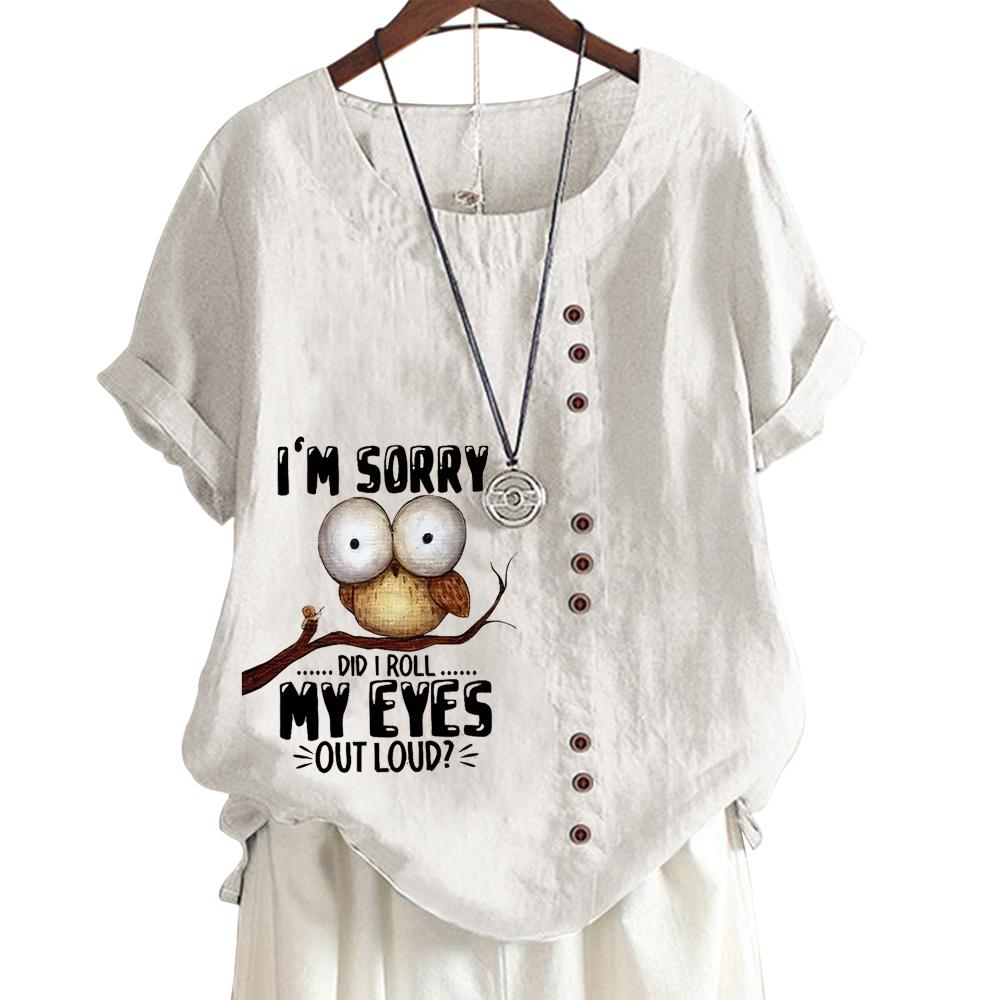 Женская удобная повседневная футболка из хлопка и льна с животным и цветочным принтом, круглым вырезом и короткими рукавами, украшение на пуговицах, S-5XL