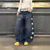 High-Waist Wide-Leg Jeans Men Women American Retro Star Patchwork Loose Casual Denim Pants