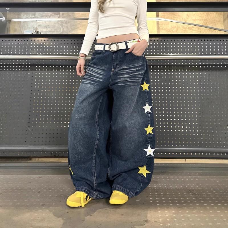 High-Waist Wide-Leg Jeans Men Women American Retro Star Patchwork Loose Casual Denim Pants