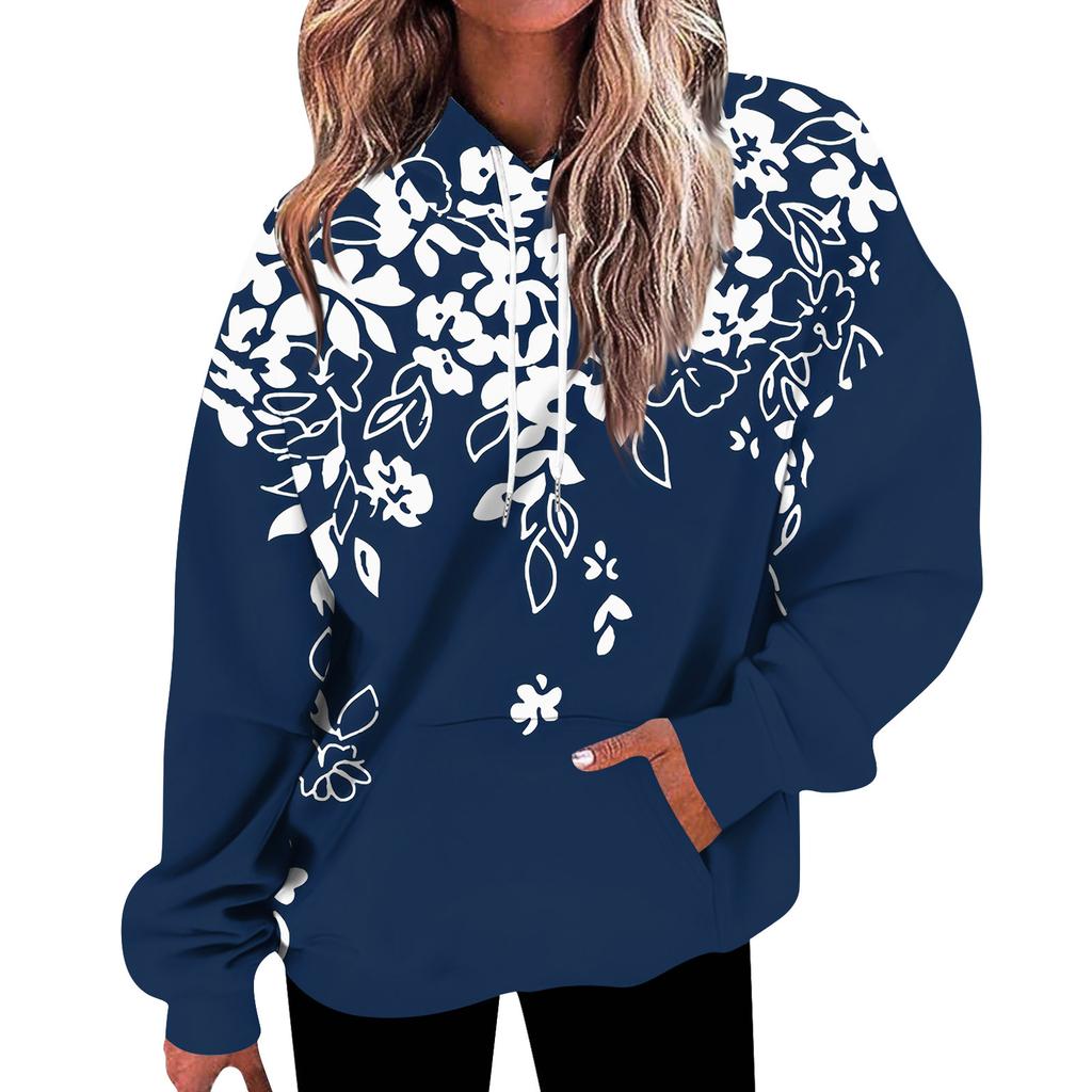 Женская мода, свободная повседневная толстовка с длинным рукавом и цветочным принтом, толстовка с принтом листьев, топ