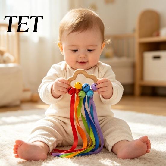 Toddler Motor Skills Wooden Baby Rattle Toy, Cloud Shape Teether Grasping Toy with Colorful Ribbons, Handheld Bell Shaker Sensory for Newborn, Infant
