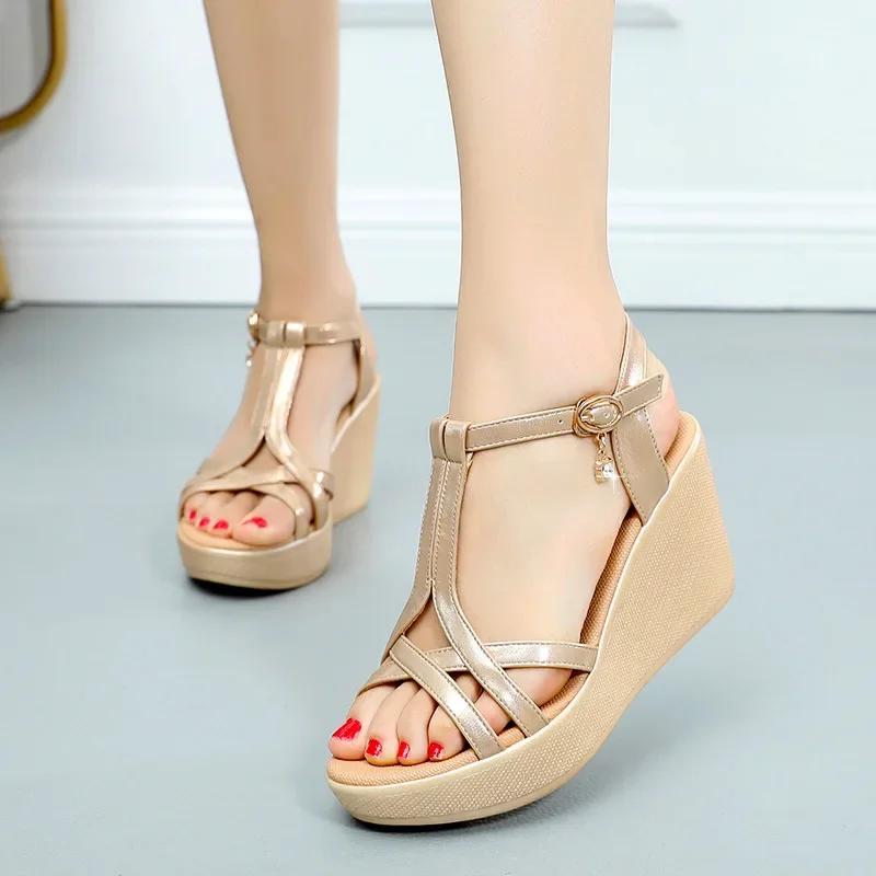 Маленький размер 32-43 Удобные сандалии на массивной платформе и танкетке Лето 2025 Женские туфли на высоком каблуке для офиса, пляжа, мамы, работы