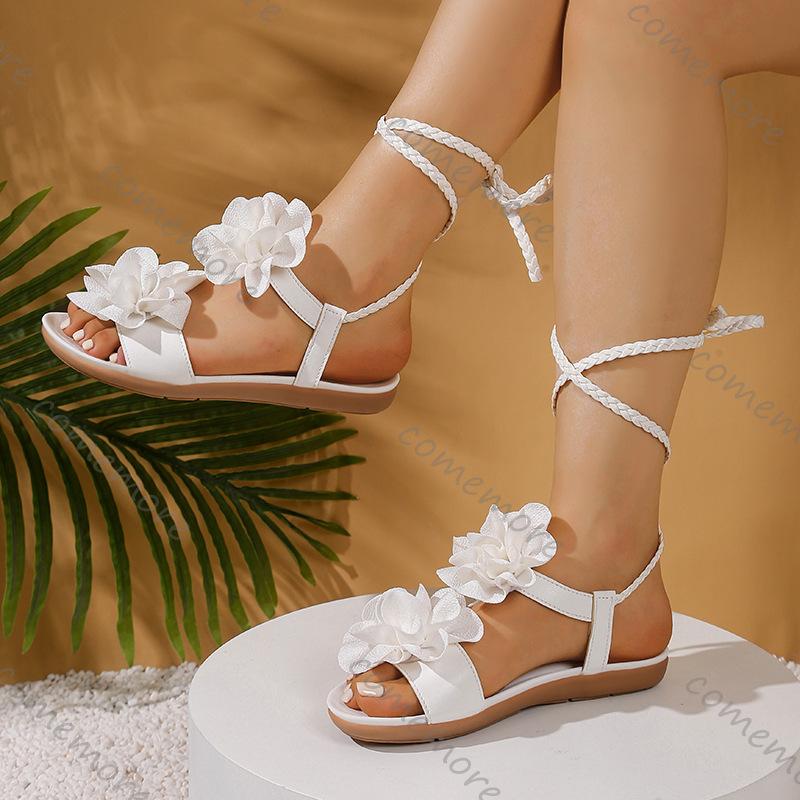 Fashion Comemore Summer New Flat Bottom Cross Strap Sandals for Women Large Size Bohemian Style Flowers Casual Beach Sandales Femmes